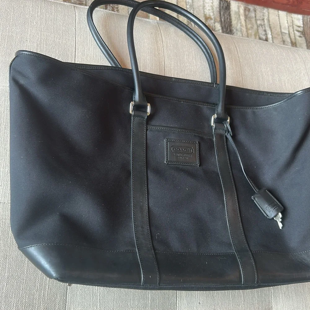 Coach Canvas Black Tote Leather Trim Double Zipper Weekender Bag